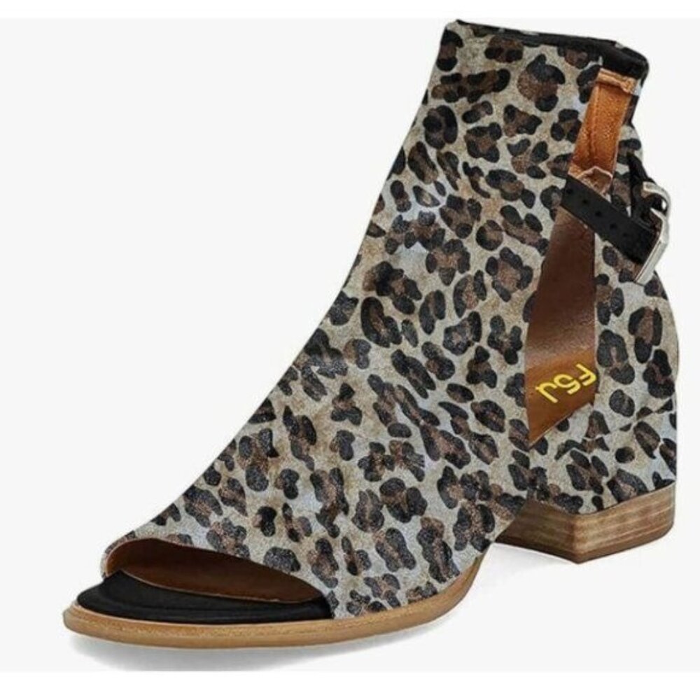 FSJ Leopard Peep Open Toe Cut Out Buckle Ankle Bootie Block Low Heeled Shoe